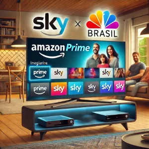 Família assistindo Amazon Prime na SKY Brasil em uma sala de estar, com logos das duas marcas na TV